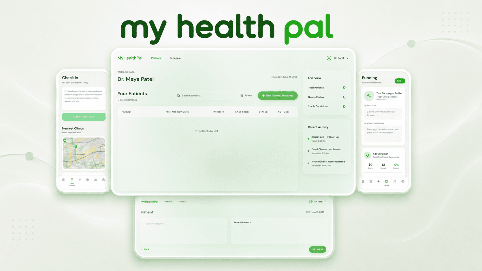 MyHealthPal product mockups across doctor dashboard and mobile screens